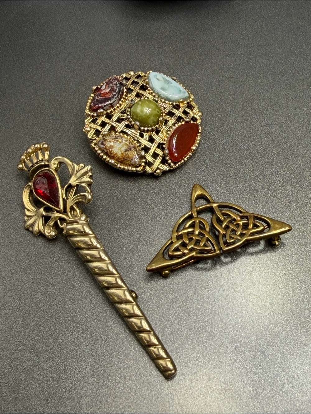 Vintage Miracle Gold-Tone Celtic Knot and Multistone Brooch Set #24cel